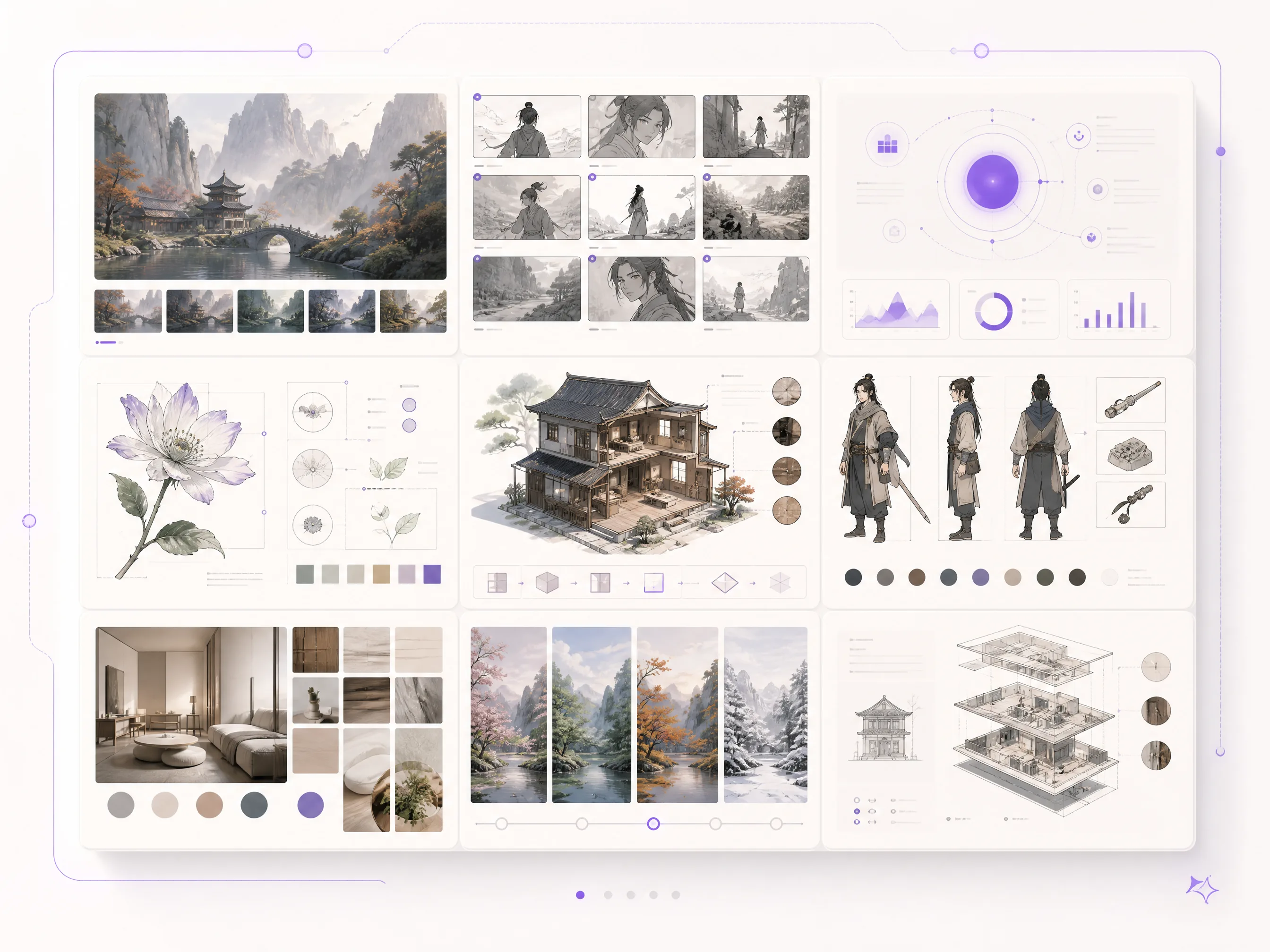 Multi-panel knowledge board style still — dense layout job family · showcase on Qwen Image X