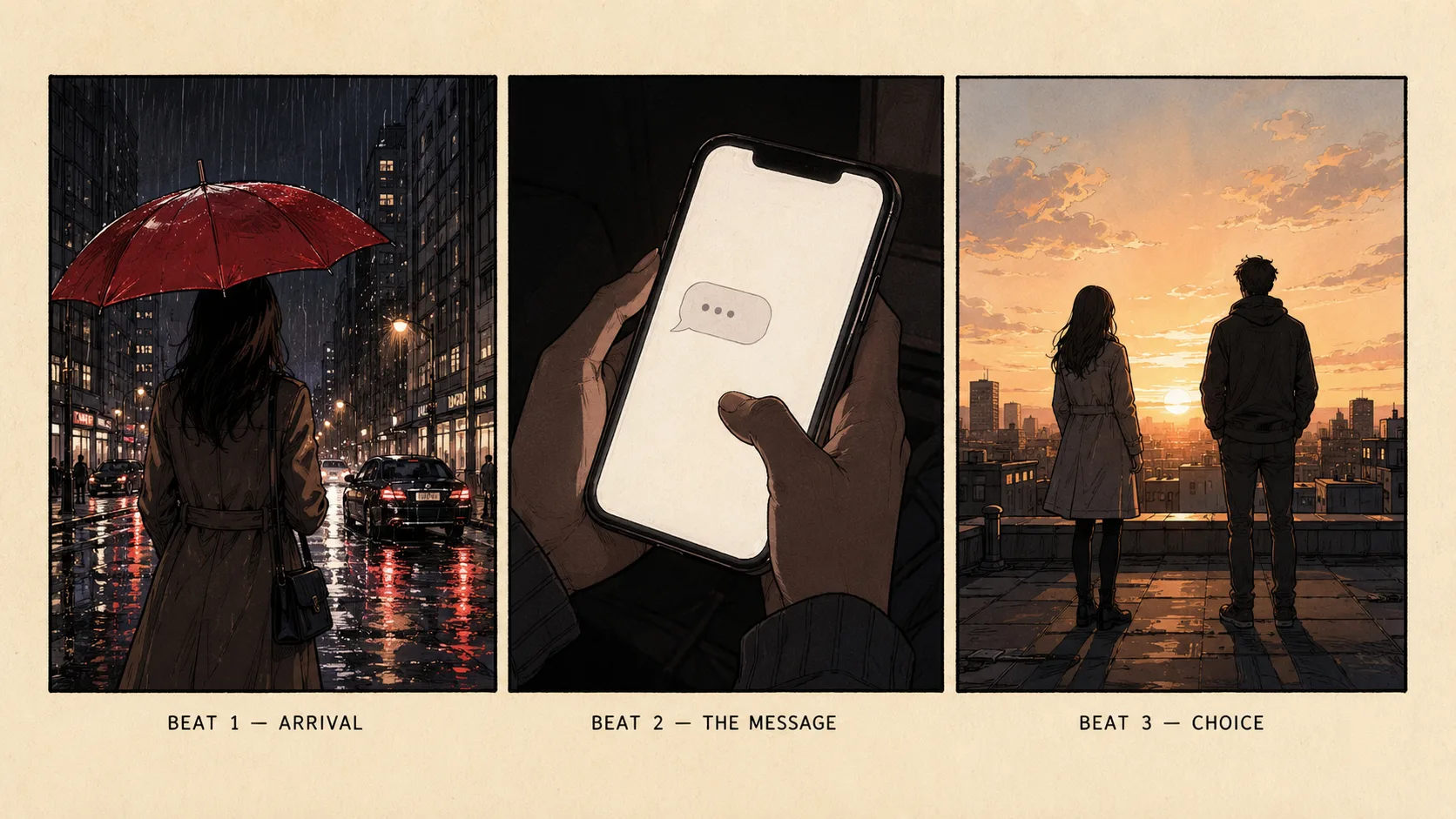 Prompt 3 result — 3-panel storyboard with beat labels · 1K · generated on Qwen Image X
